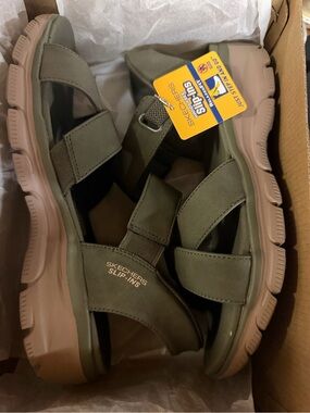 Skechers Slip-Ins Olive Green Strap Sandals with Tan Sole